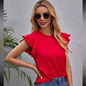 SHEIN flounce sleeve crew neck, red, XS (2)
